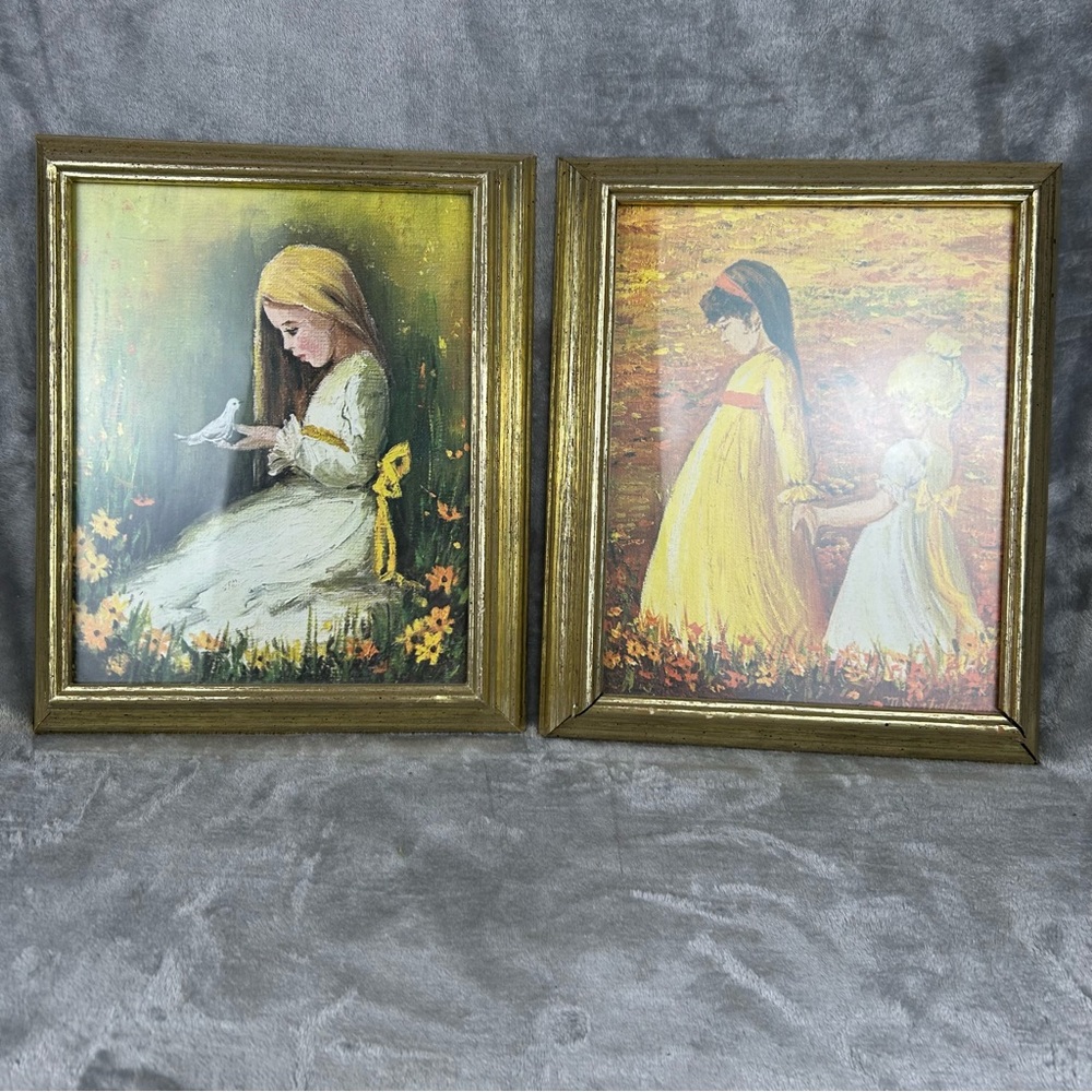 Pair‎ Of Framed Prints Depicting Young Girls In Flower Fields Gold Wood Frames